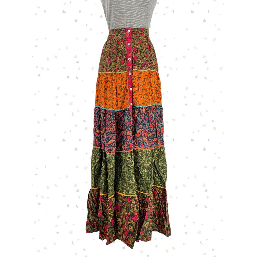 Farm Rio Boho Maxi Skirt Buttons Floral Panels Flowy Long Length RenFest Size L